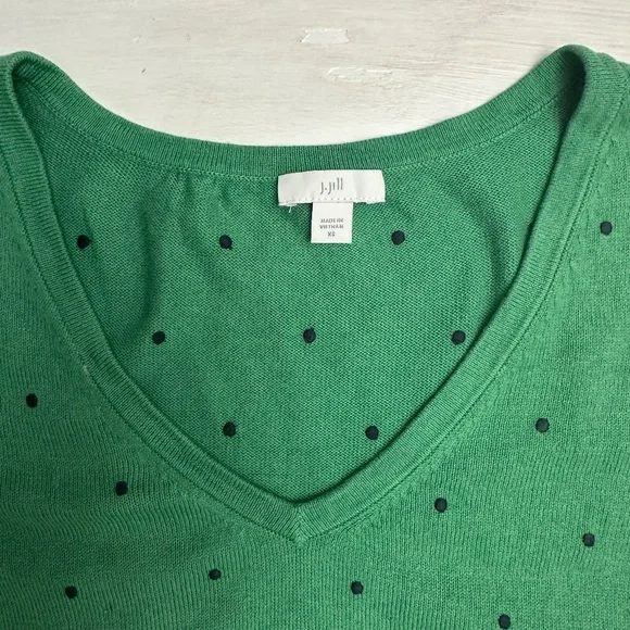 J.Jill Sweater Women’s Size XS Kelley Green Black Polka Dots V-Neck Cotton Blend - Picture 7 of 12